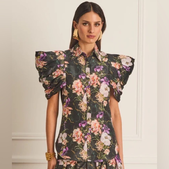 Aqua Blu Australia Tempest Vivien Top Floral Button Down Black Small Linen Silk - Picture 1 of 10